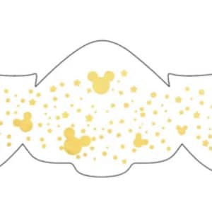 Könnte beinhalten: Weiße Augenmaske mit einem goldenen Glitzermuster und Mickey-Maus-Silhouetten.