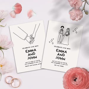 Minimale nette Karikatur-Hochzeit lädt ein Moderne Hand gezeichnete Spaß & Minimale illustrierte Hochzeits-Einladungs-Einladungs-Schablone