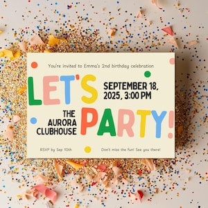 Invitación a fiesta de cumpleaños infantil, plantilla editable de Canva, diseño colorido de confeti, invitación de fiesta de cumpleaños, descarga digital