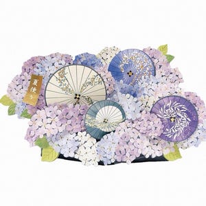 Cartão pop-up de hortênsia 3D, design de guarda-chuva japonês, cartão de felicitações floral feito à mão para presente de aniversário, agradecimento ou exibição em casa