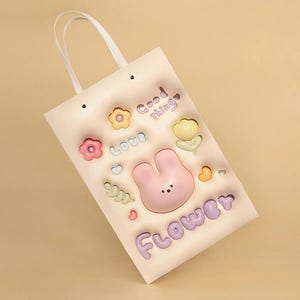 Kawaii 3D Puffy Sticker Gift Bag Cute Bunny and Floral Tote Pastel Reusable Shopping Bag Aesthetic Gift Packaging for Any Event