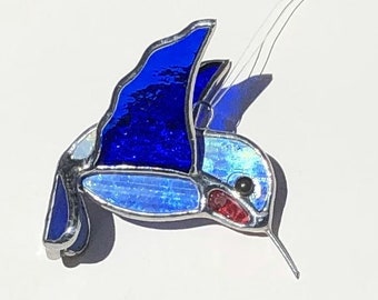 Hummingbird 3D Cobalt Cool Iridescent Stained Glass Suncatcher Silver Finish