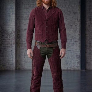 Chaparreras de cuero burdeos para hombre / Chaparreras de cuero para hombre / Chaparreras únicas para festivales de motociclistas / Chaparreras de montar hechas a mano / Ropa western llamativa