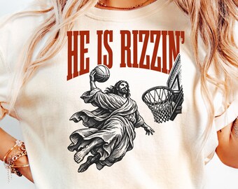 Funny Jesus Basketball Shirt - He Is Rizzin Easter Tee - Christian Risen Bible Verse Floral Graphic - Faith Humor Church Youth Group Gift