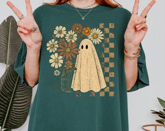 Comfort Colors® Retro Floral Ghost Vintage Shirt, Halloween Floral Ghost Shirt, Cute Fall Shirt, Cottagecore Ghost Tee, Checkered Ghost
