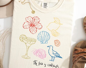Comfort Colors The Sea is Calling Shirt, Vintage Coastal Aesthetic Tee, Summer Beach Trip Gift for Her, Retro Shells Tropical Hawaii Tshirt