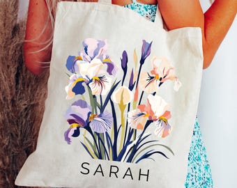 Personalized Birth Month Flower Canvas Tote Bag, Custom Bridesmaid & Bachelorette Gift, Birthday Gift for Mom or Friend, Eco Shopping Tote