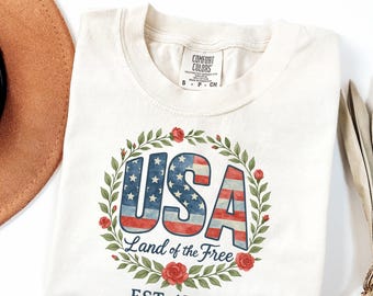 Camiseta floral de EE. UU. Comfort Colors® / Camiseta del 4 de julio, Camiseta EST. de Estados Unidos, 1776, Gráfico patriótico en rojo, blanco y azul para mujer, Camiseta estadounidense, Camiseta de EE. UU.