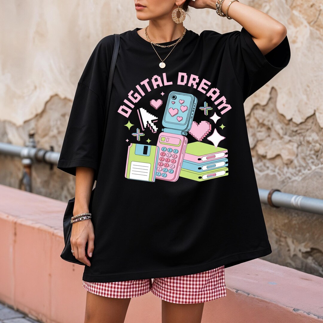 Digital Dream Y2K Graphic Tee, Pastel Pixel Flip Phone & Floppy