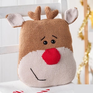 Red Nose Reindeer Cushion Knitting Pattern PDF