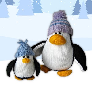 May include: Two knitted penguin toys wearing hats. The larger penguin is white with a black back and a purple and white striped hat with a pom-pom. The smaller penguin is white with a black back and a blue hat.