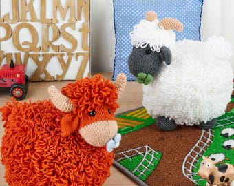Clarissa and Dougie Knitting Pattern - Highland Cow and Sheep Toys - PDF download