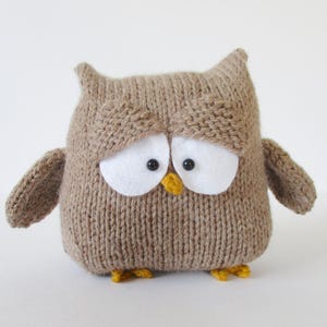 Op de afbeelding: Een kleine, handgebreide uil knuffel in een lichtbruine kleur. De uil heeft twee grote, witte vilten ogen met zwarte pupillen, opvallende gebreide wenkbrauwen, een kleine gele snavel en twee kleine gele voetjes aan de onderkant.