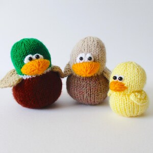 Könnte beinhalten: Drei handgestrickte Plüschenten mit runden Körpern und schwarzen Kunststoffaugen. Die erste ist eine Stockente mit grünem Kopf, orangefarbenem Schnabel und braunem Körper. Die zweite ist eine beige Ente mit orangefarbenem Schnabel. Die dritte ist ein kleines gelbes Entenküken.