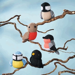 May include: Five knitted bird ornaments in different colours and patterns perched on bare branches. The birds include a robin, a bluebird, a blackbird, a titmouse, and a bullfinch.