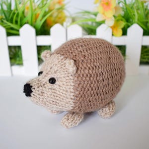 May include: A small, hand-knitted hedgehog toy featuring a light beige face and a textured, medium brown back. The creature has two round black plastic eyes and a small, triangular black nose, with four short, stubby knitted legs.