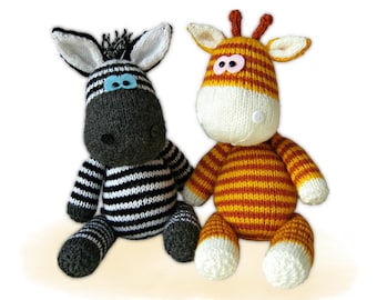 Gerry Giraffe and Ziggy Zebra Knitting Pattern - Knitted Animal Toys - PDF download