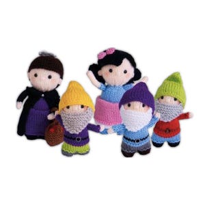 May include: A collection of five knitted dolls. The dolls include a woman in a purple dress and black cape, a woman in a blue dress and pink skirt, and three gnomes. The gnomes wear colorful hats, vests, and have white beards. The dolls are on a white background.