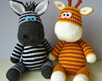 Knitting Pattern: "Gerry Giraffe and Ziggy Zebra" Animal Toys (PDF Digital Download File)