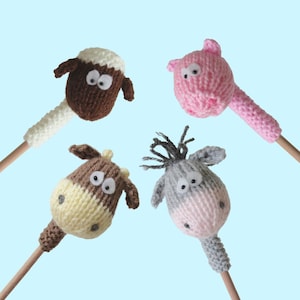 Knitting Pattern: "Farmyard Pencil Toppers" 4 Designs Donkey, Cow, Pig and Sheep (PDF Download)