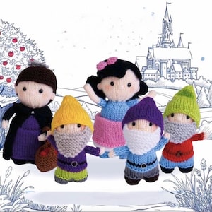 May include: A collection of handmade knitted dolls depicting characters from a fairy tale. The dolls include a princess in a blue dress and pink skirt, a witch in a purple dress and black cape, and three gnomes with colorful hats and beards.