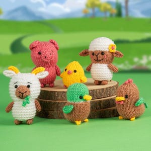 May include: Six knitted farm animal figurines: a pink pig, yellow chick, white sheep, brown duck, brown chicken, and white goat. They are arranged on a wooden slice against a green backdrop. The toys are brightly coloured and suitable for children.