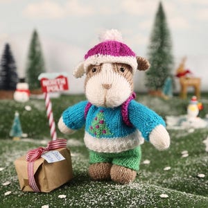 May include: A handmade knitted dog wearing a blue sweater with a green Christmas tree design, green pants, and a purple and white hat with a pom-pom. A wrapped gift with a red and white striped ribbon sits nearby. A North Pole sign is in the background.