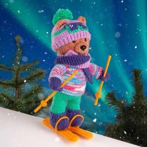 May include: A knitted teddy bear wearing a purple hat, scarf, and boots, a colorful sweater, and green pants, holding orange ski poles, and standing on orange skis. The bear is set against a snowy, blue and green background with evergreen trees.
