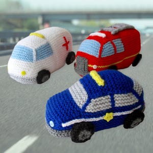 Knitting Pattern: "Emergency Vehicles" 3 Toys Ambulance Police Car and Fire Engine (PDF Download)