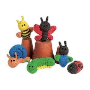 May include: A collection of handmade knitted insect toys, including a yellow and black bee, a red and black butterfly, a blue snail, a green caterpillar, a blue and green bug, and a red ladybug. The toys are displayed on small terracotta pots.