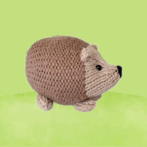 以下が含まれることがあります： 茶色とベージュの色合いの、編み物で作られたハリネズミのおもちゃ。ハリネズミは丸みを帯びた体、小さな耳、黒い鼻と目を持っています。おもちゃは明るい緑色の背景に置かれています。