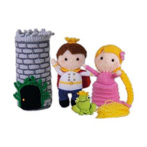 May include: Knitted toy set featuring a gray castle, a prince with a gold crown and red cape, a princess in a pink dress with long yellow hair, and a green frog. The toys are handmade and suitable for children.