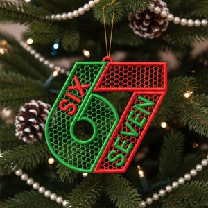 Könnte beinhalten: Weihnachtsbaumschmuck in Form der Zahlen "67". Die Zahl "6" ist grün mit dem Wort "SIX" in Rot. Die Zahl "7" ist rot mit dem Wort "SEVEN" in Grün. Der Schmuck hängt an einem goldenen Faden.