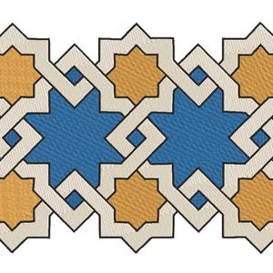 May include: A geometric pattern with interlocking star shapes in blue, gold, and cream. The design has a repeating motif, with each star shape outlined in black. The overall aesthetic is clean and symmetrical.