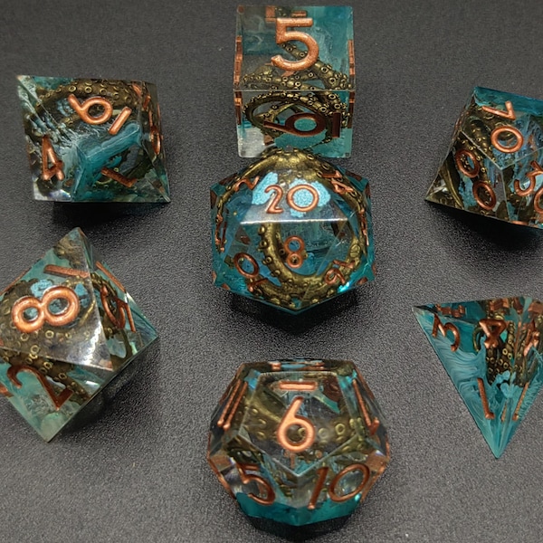 Forgotten Depths Dice Set for DND, Ancient Ocean Resin Dice with Tentacle Core, Ruins Inspired RPG Dice, Polyhedral Tabletop Dice