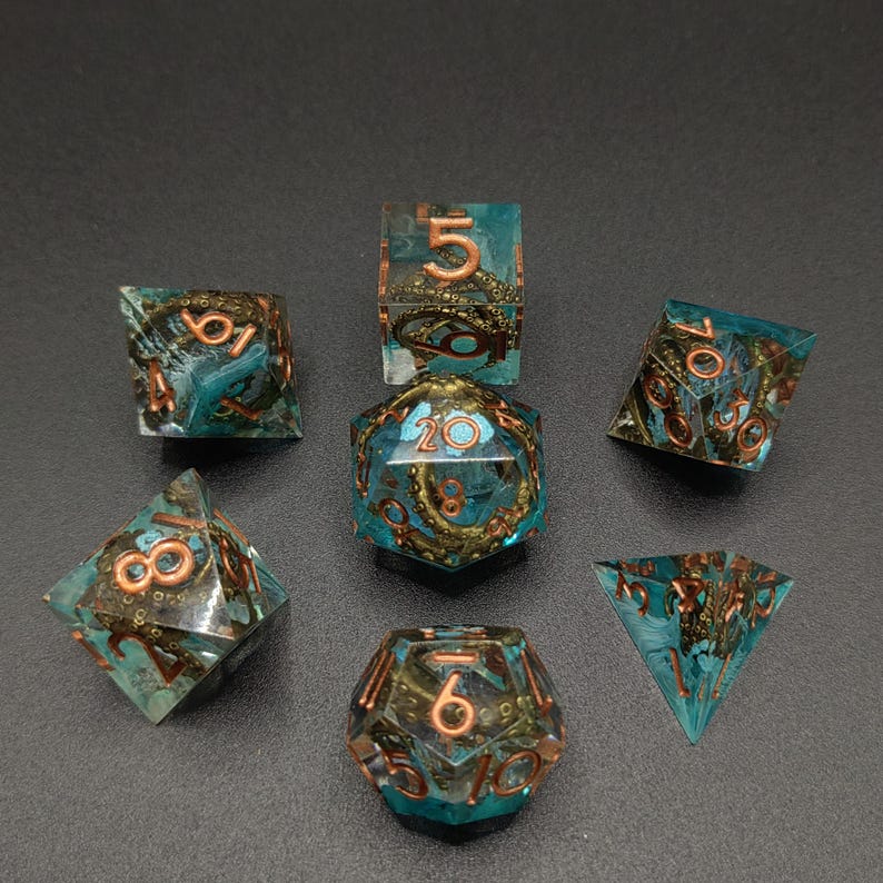 Juego de dados Forgotten Depths para D&D, dados de resina del océano antiguo con núcleo de tentáculos, dados de rol inspirados en ruinas, dados poliédricos de mesa. imagen 1