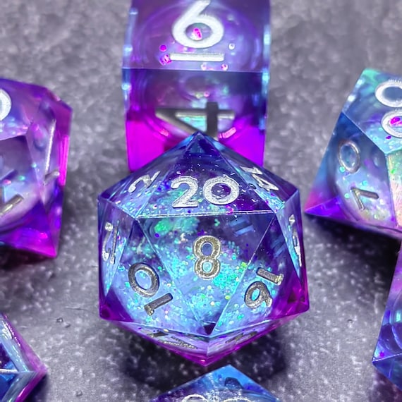 Liquid Core Dice Set, Purple Blue Galaxy Dice, Glitter Resin DnD Dice Set, Floating Core RPG Dice, D20 Dice Gift for Dungeons and Dragons