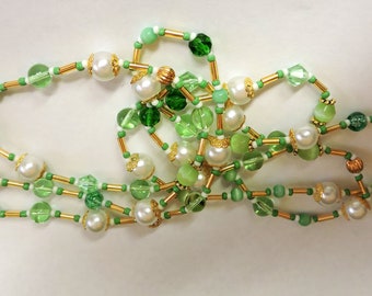 Green, White and Gold Necklace ... Long Necklace .. 38" long hand crafted necklace ...#X7