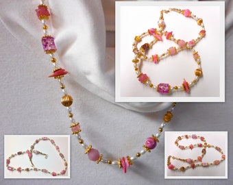 HandCrafted Pink, White, & Gold Necklace ... w/Gold Accents and Pink Mother Of Pearl Glass Chip Beads ... 23 inches long   ...  #X19