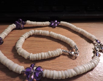 Young Lady's Choker with Matching Bracelet .. white and purple beads ... silver metal clasp ...  teen, preteen