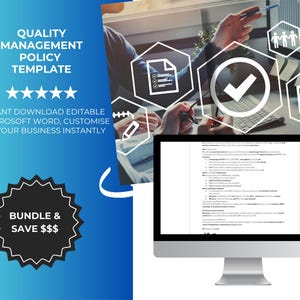May include: A digital marketing image with a blue gradient background. Text reads "Quality Management Policy Template" and "Instant Download Editable in Microsoft Word, Customize for Your Business Instantly." A computer screen displays a document.