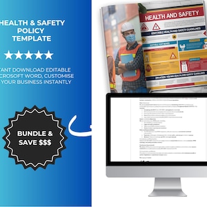 Può includere: Una grafica blu e bianca con il testo "Health & Safety Policy Template" e "Bundle & Save $$$". L'immagine mostra anche un monitor di computer che mostra un documento e un poster intitolato "Health and Safety".