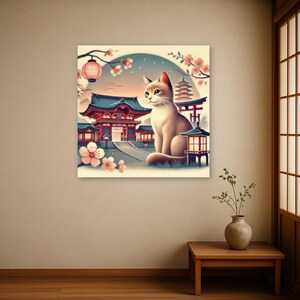 Japanese Cat Canvas Art - Sakura Temple Wall Print