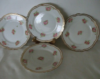 Limoges - Old Abbey - (4) HC France - Pink Floral Rosebuds - Gold Scalloped Edges - Bread Plat es - Vintage - Gifts - #859