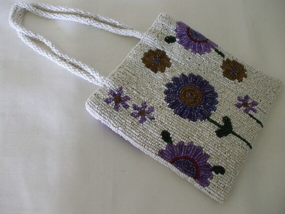 White Beaded Bag with Purple and Gold Floral Patt… - image 4