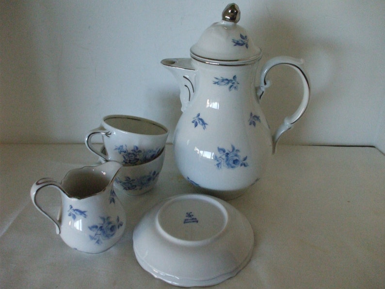 Bavarian Germany Tea Set Blue Rose Buds Silver Trim 6 Piece Gifts 318