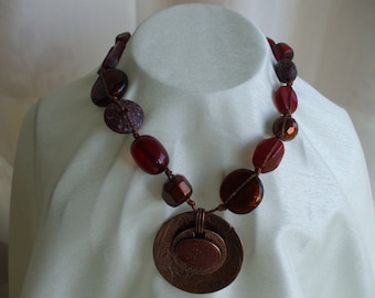 Chico's Pendant - Chuncky  Necklace - Wine , Brown , Red Stones - Copper Wires - Gifts - Vintage