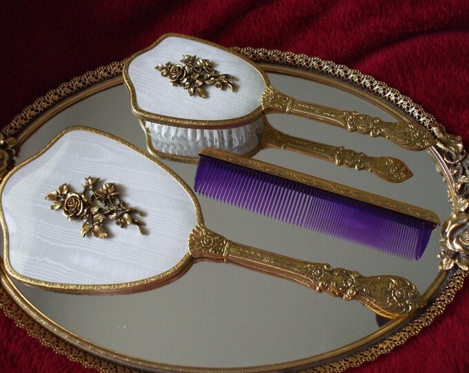 Vintage 24kt GOLD PLATED VANITY SET , Matching Mirrored Tray Etsy