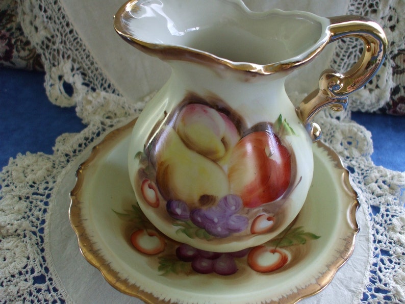 Rubens Pitcher/Basin Porcelain Hand Painted Fruit, Gold Trim Vintage Gifts Collectibles image 1