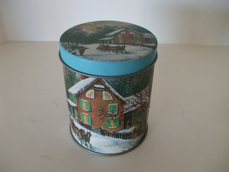 Winter in the Woods Tin Container, Round Small, Canister , Vintage, Gifting image 1